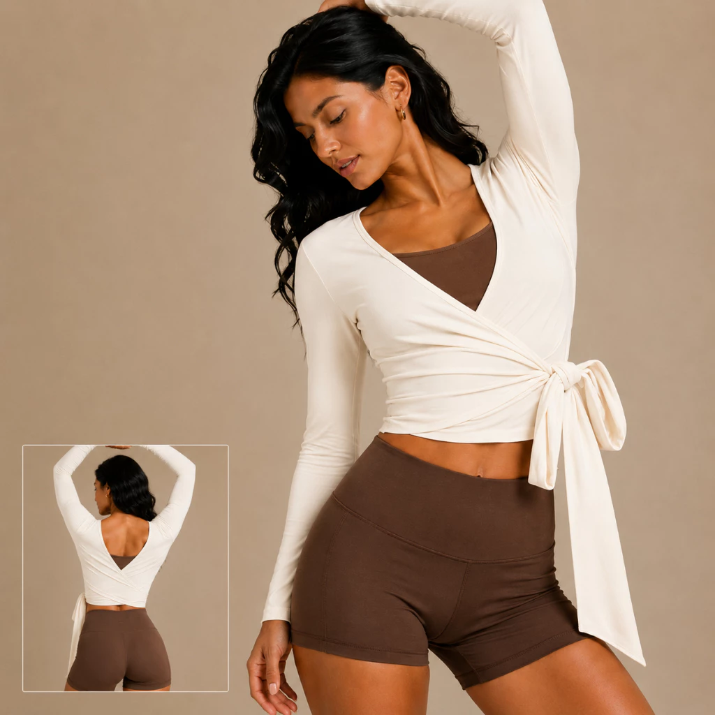 Casaquinho Feminino Cropped de Amarração Transpassado Manga Longa Ballet Fitness Academia Yoga Pilates — imagem 1