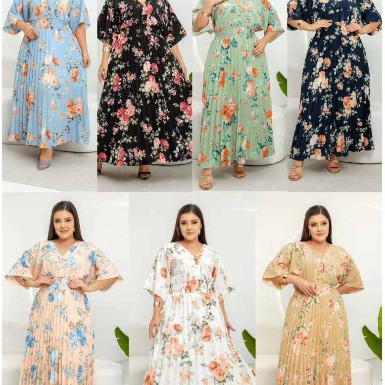 Vestido Plissado Estampadp Tamanho Único Manga Meia Manga Moda Feminina -0257