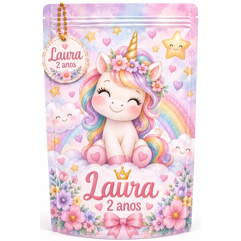 Saquinho Ziplock Unicórnio Cute Personalizado 10x15cm | Lembrancinha para Festa Infantil / Saquinho Metalizado Ziplock