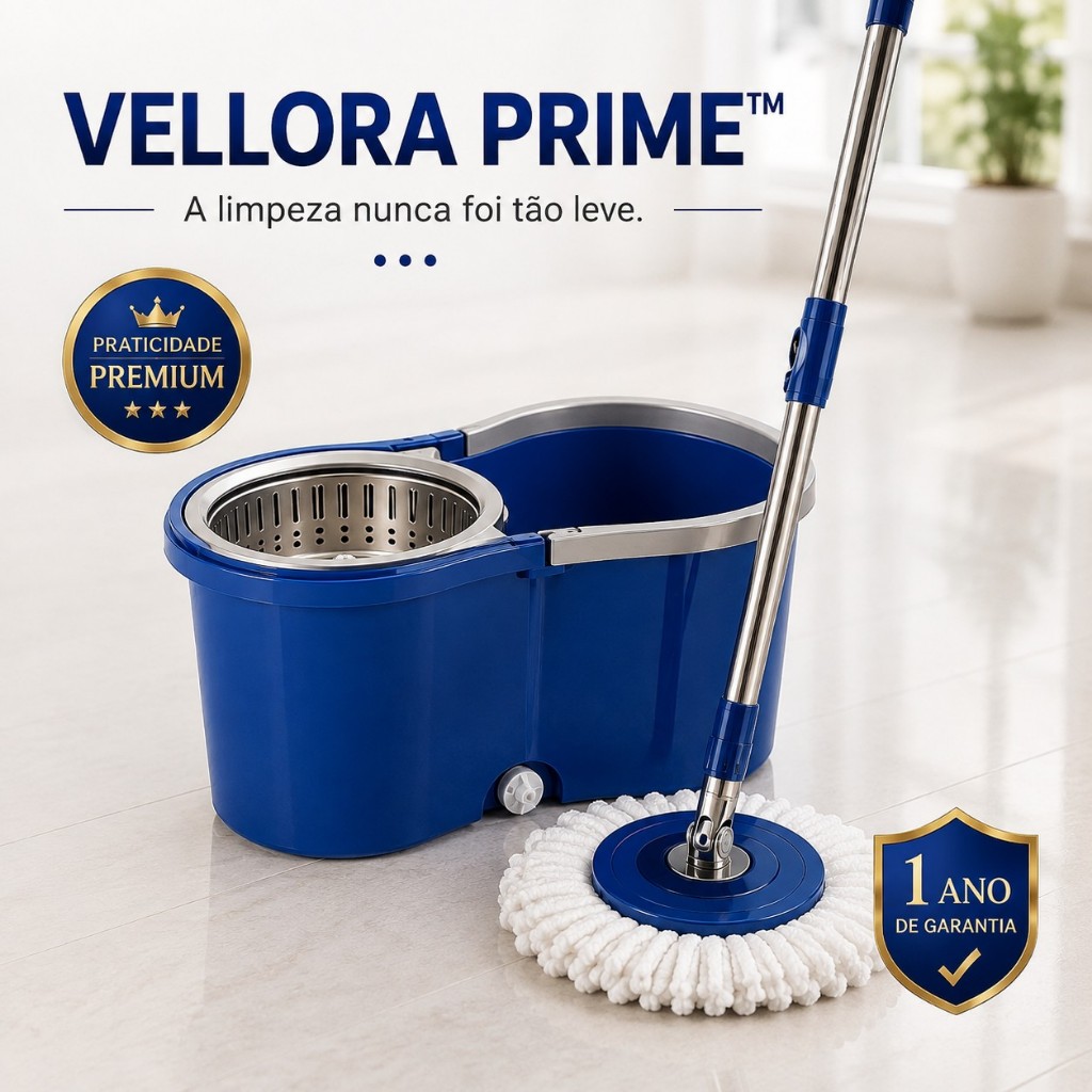 Mop Giratório VELLORA PRIME™ com Balde 13L, Centrífuga 360°, Microfibra, Rodo para Limpeza de Pisos