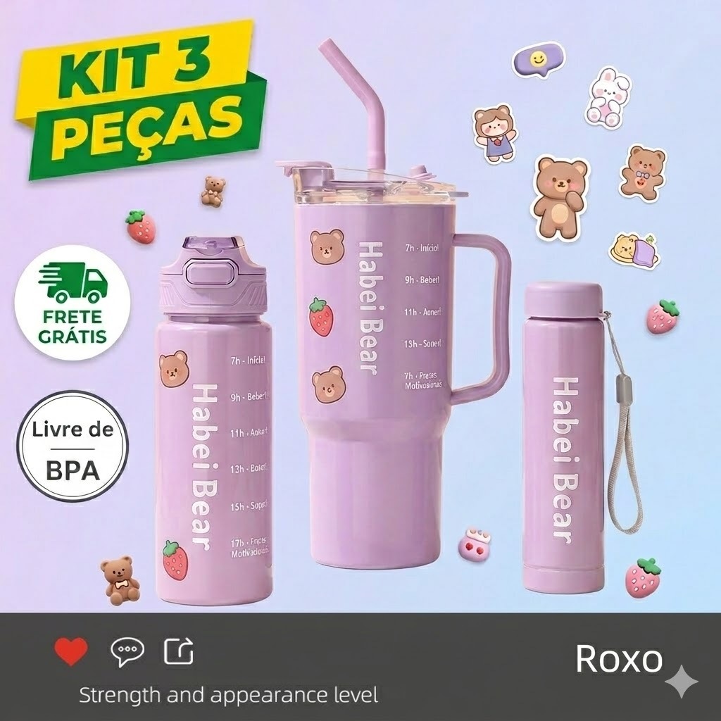 Kit 3 Garrafa Copo Tendência Agua Squeeze Com Adesivos Lembretes beber Agua Com 1.2L E 800ml 300ml
