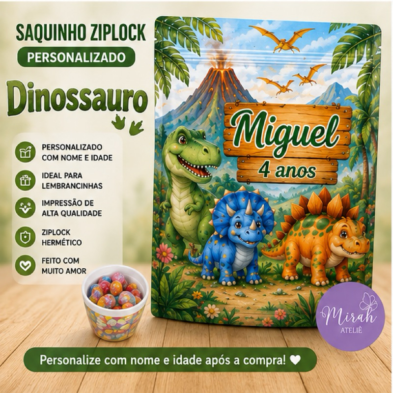 Saquinho Ziplock Personalizado 10 Unidades Dinossauros | Lembrancinha de Aniversário | Todos os Temas