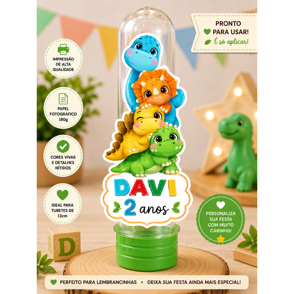 Aplique para Tubete Dino Cute Personalizado Tag Dinossauro Lembrancinha Festa Infantil Aniversário