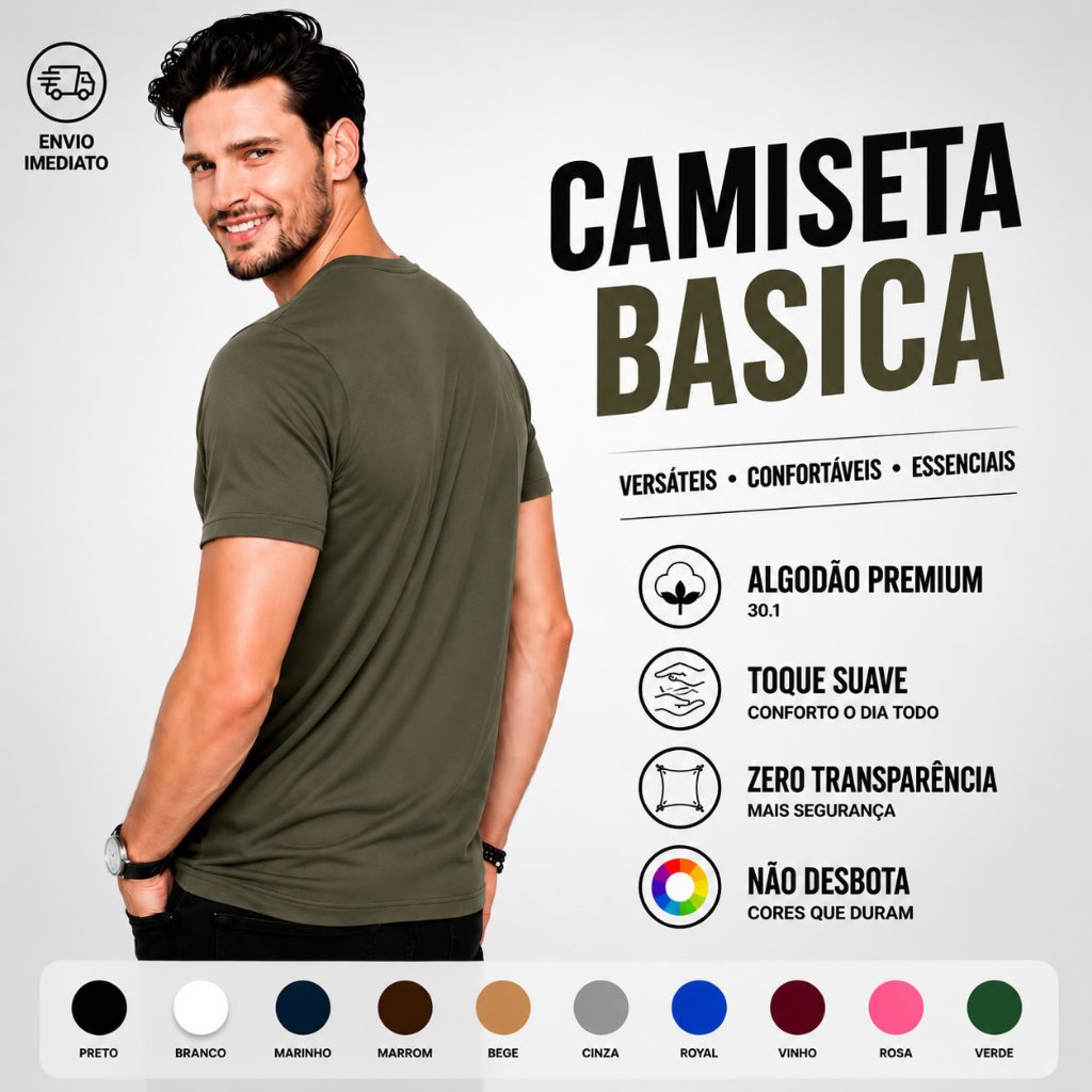 Camiseta Masculina Verde Militar 100% Algodão Premium Slim Básica Gola Redonda Tribo