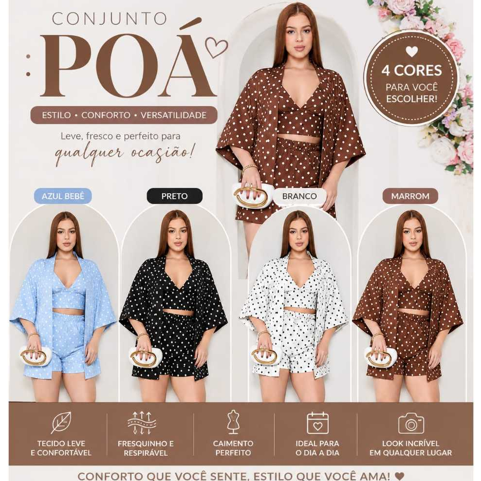 CONJUNTO FEMININO POA KIT 3 PEÇAS- KIMONO, CROPPED E SHORT. BOLINHAS ELEGANTE,CONFORTAVEL E DURAVEL