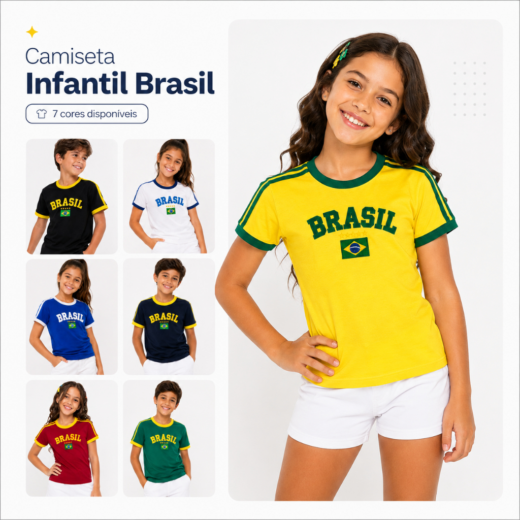 Camiseta Infantil Bandeira do Brasil Bordada Unissex - Sem Estado