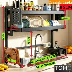 Escorredor De Pratos E Tigelas Multifuncional Suspenso5cm eu 65cm Aço Preto Pia Suporte para panelas e escorredo