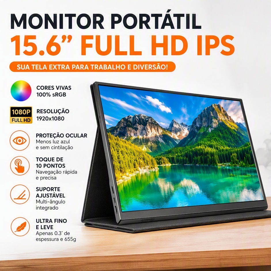 Monitor Portátil 15.6" Tela IPS Touch Screen 1080P sRGB Ultra Leve Proteção Ocular Compatível com Notebook Celular