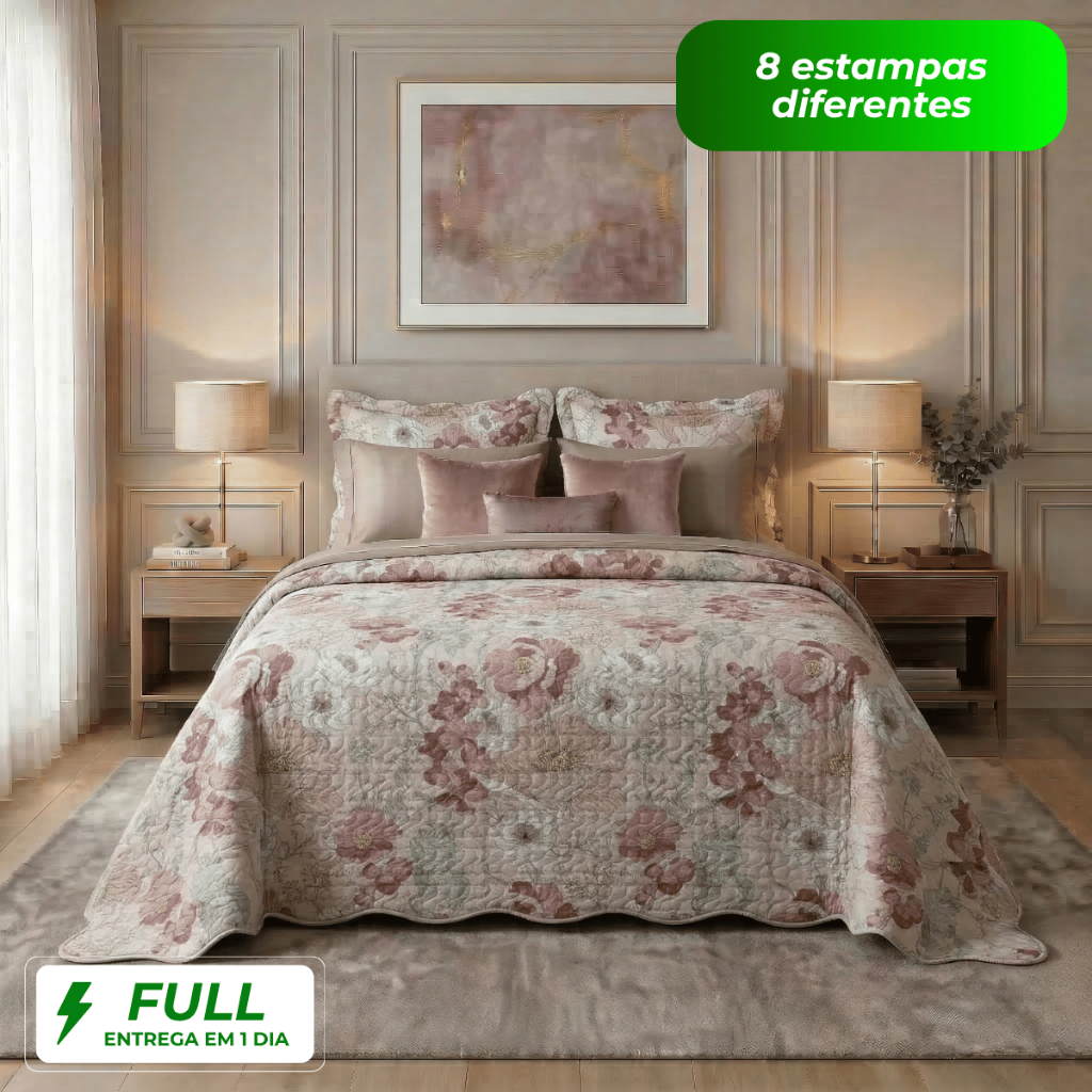 Kit Colcha Cobre Leito Casal 3 Peças Estampada Dupla Face Matelado Toque Macio Microfibra Premium