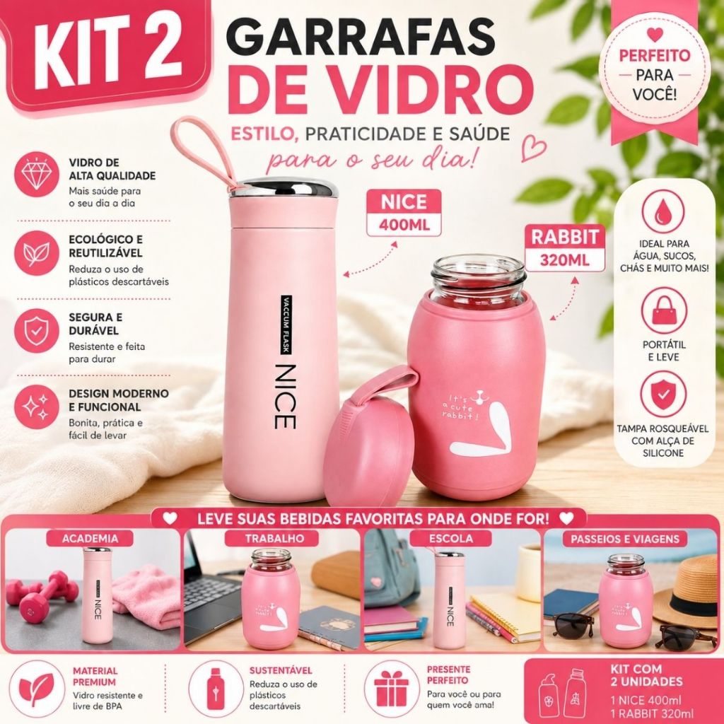 Kit 2 Garrafas de Vidro Nice 400ml + Rabbit 320ml com Capa Protetora Tampa e Alça Portátil Água Suco Bebidas
