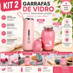 Kit 2 Garrafas de Vidro Nice 400ml + Rabbit 320ml com Capa Protetora Tampa e Alça Portátil Água Suco Bebidas
