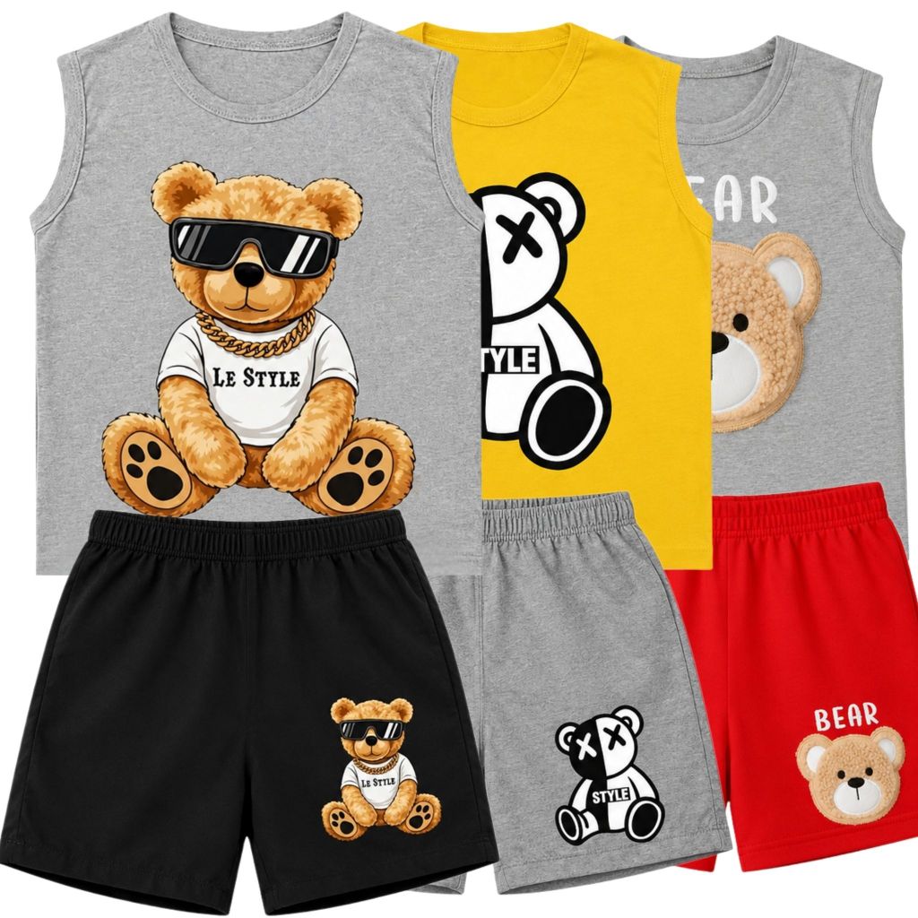 Kit 3 Conjunto Infantil Sortido Menino Masculino Regata + Bermuda Tactel Verão Sortidos Urso Básico Confortável