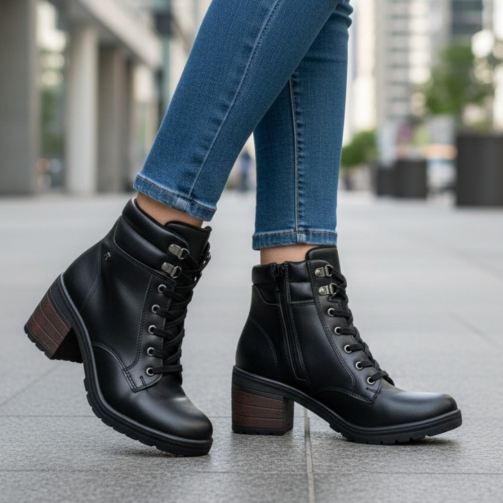Bota Coturno Feminina Preta Salto Bloco para Outono Inverno Trabalho e Passeios