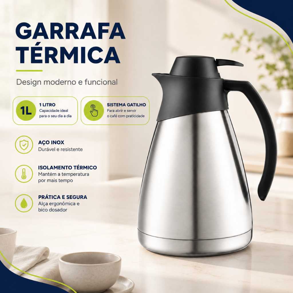 Vittak Garrafa Térmica Inox 1 Litro com Gatilho de Pressão Bule para Café Chá Leite Chimarrão, Mantém Quente e Frio