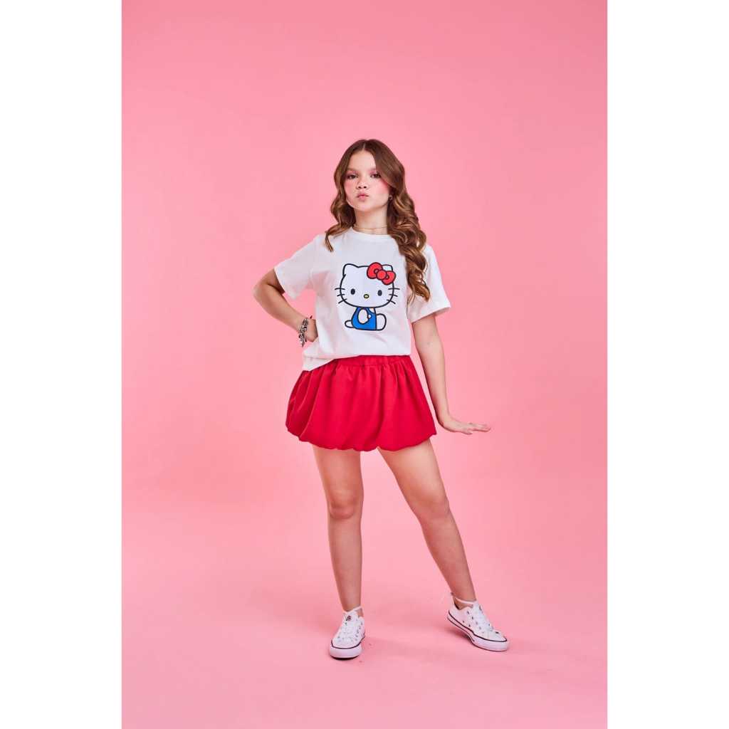 Conjunto Infantil Menina Personagem Hello Kitty e Urso Teddy 4, 6, 8, 10, 12 e 14 - Infanto Juvenil Feminino/Short Saia