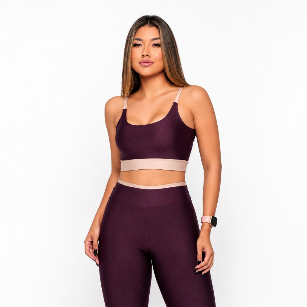 Conjunto de Academia Calça Legging e Top Bicolor Roupa Fitness Feminina Cropped Com Bojo Removível Crossfit Pilates