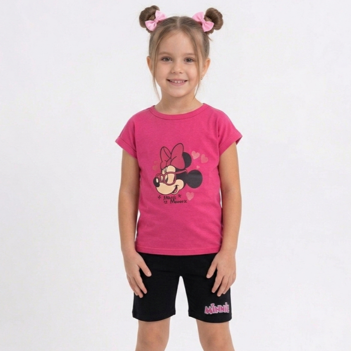 Conjunto Feminino Infantil DTF Minnie, Bermuda Cotton e Blusinha Viscolycra