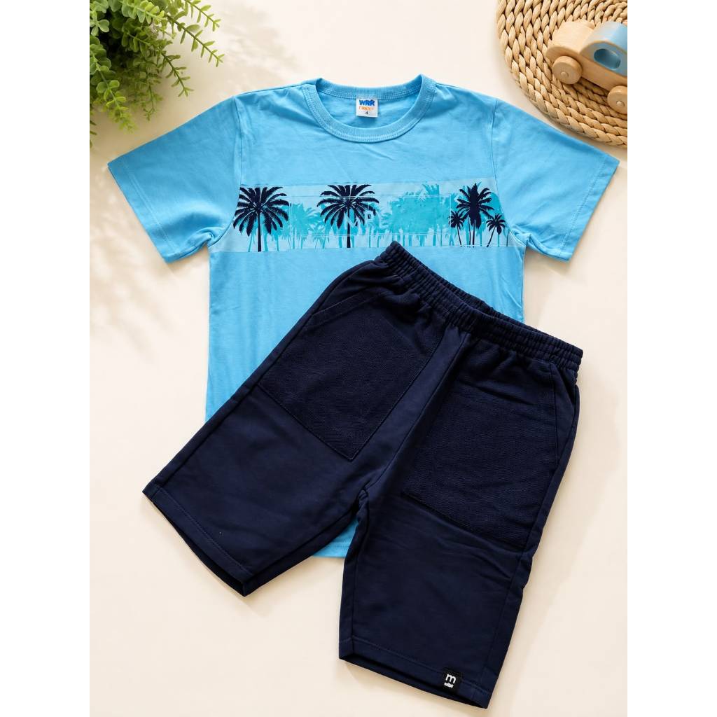 Conjunto Infantil Masculino Camisa Estampada + Short Moletom Casual Confortável