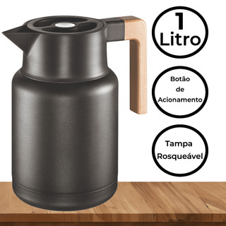 Garrafa Térmica Nórdica 1 Litro Café Chá Bule Cabo Madeira Mesa Posta Botão Fixa Temperatura Wood 1L