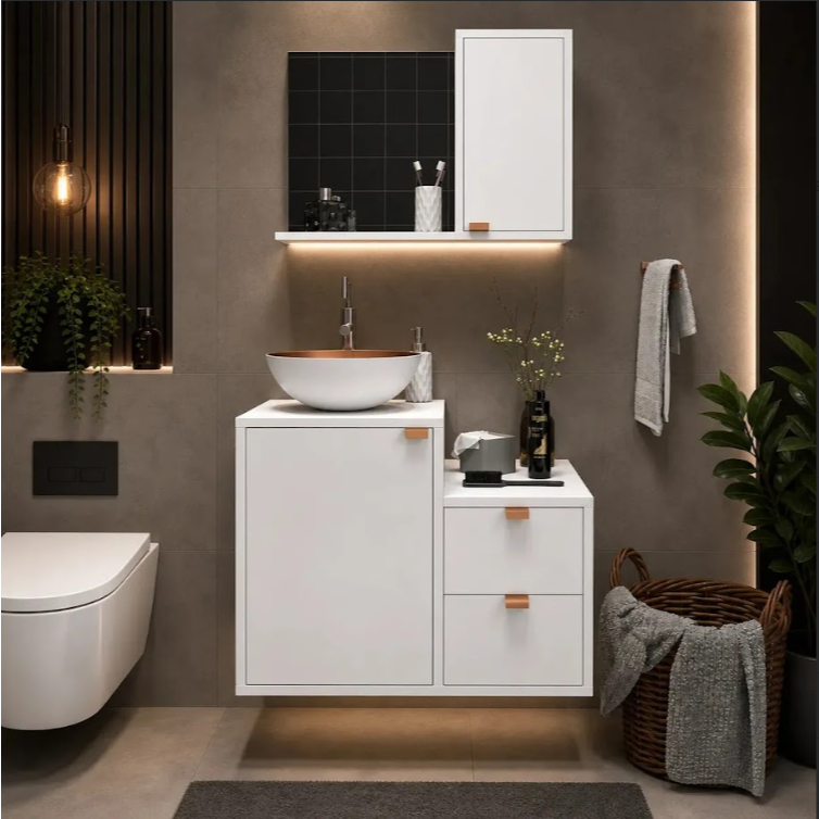 Conjunto Kit Gabinete Suspenso Para Banheiro Completo Luxo Com Cuba E Espelho com 2 Gavetas