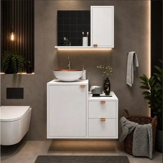 Conjunto Kit Gabinete Suspenso Para Banheiro Completo Luxo Com Cuba E Espelho com 2 Gavetas