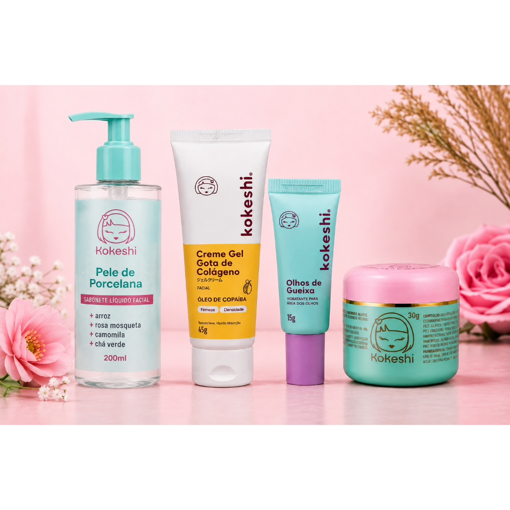 Kit de produtos de skincare Kokeshi contendo sabonete líquido facial, creme gel de colágeno, hidratante para área dos olhos e creme hidratante, dispostos sobre uma superfície rosa com flores ao fundo.