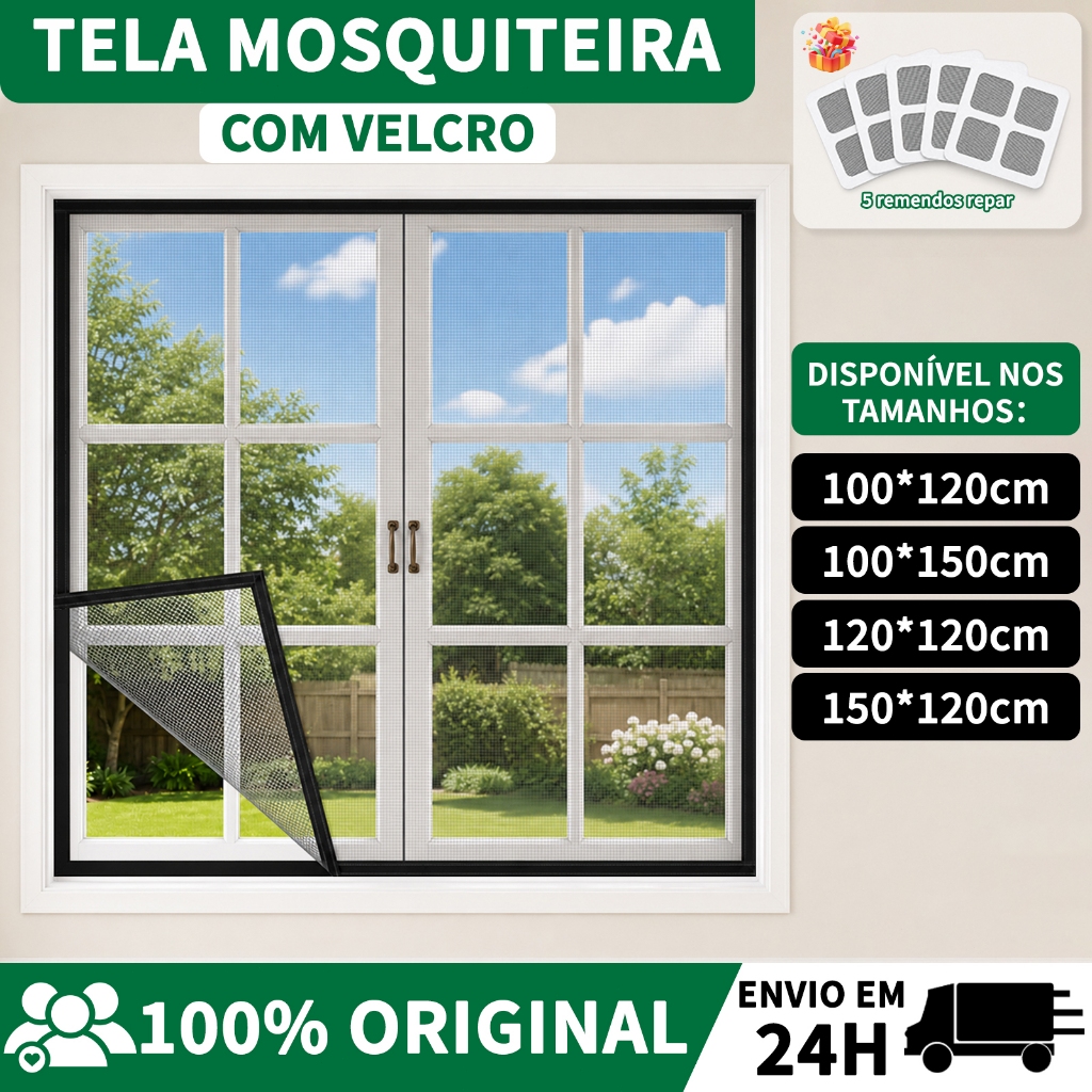 Tela Mosquiteiro para Janela com Velcro Anti-Insetos Fibra de Vidro Resistente e Lavável + 5 Remendos para Reparo