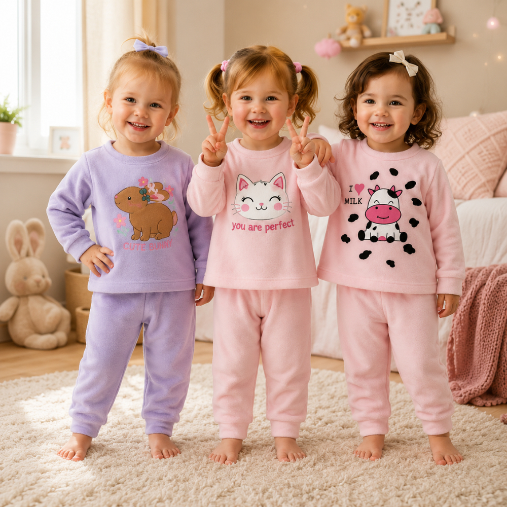 Kit 4 Peças Soft conjunto  Infantil Menina Inverno 2 Conjuntos Sortidos P ao G (1 a 3 Anos) Super Macio e Quentinho