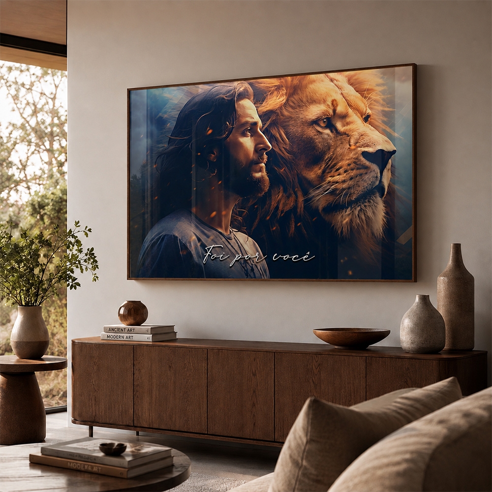 Quadro Religioso Jesus Cristo Leão de Judá Foi Por Você Com Moldura Sala Quarto