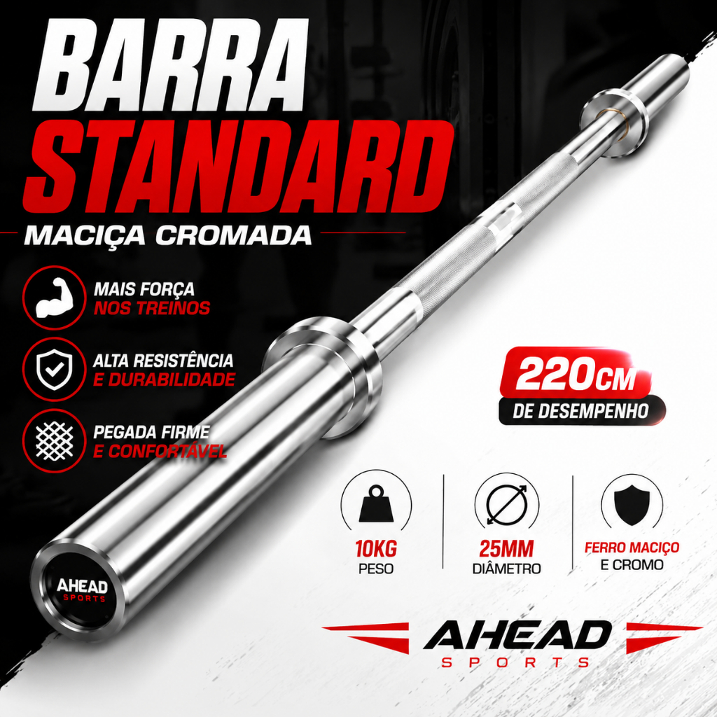 Barra Standard Maciça 220cm 10kg 25mm Cromada Ahead Sports Musculação Academia