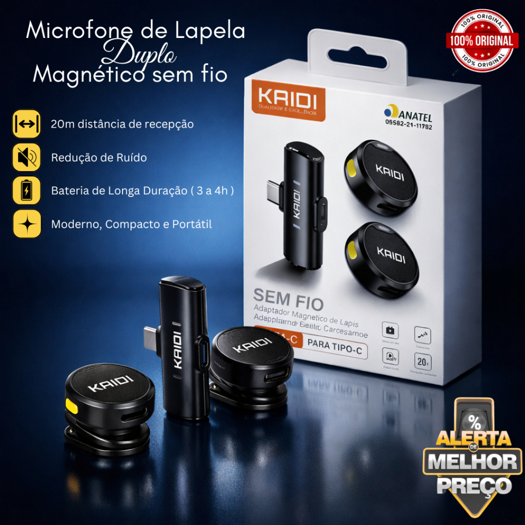 Microfone de Lapela Duplo Bluetooth Sem Fio Portátil Antirruído Magnético 20m de Distância