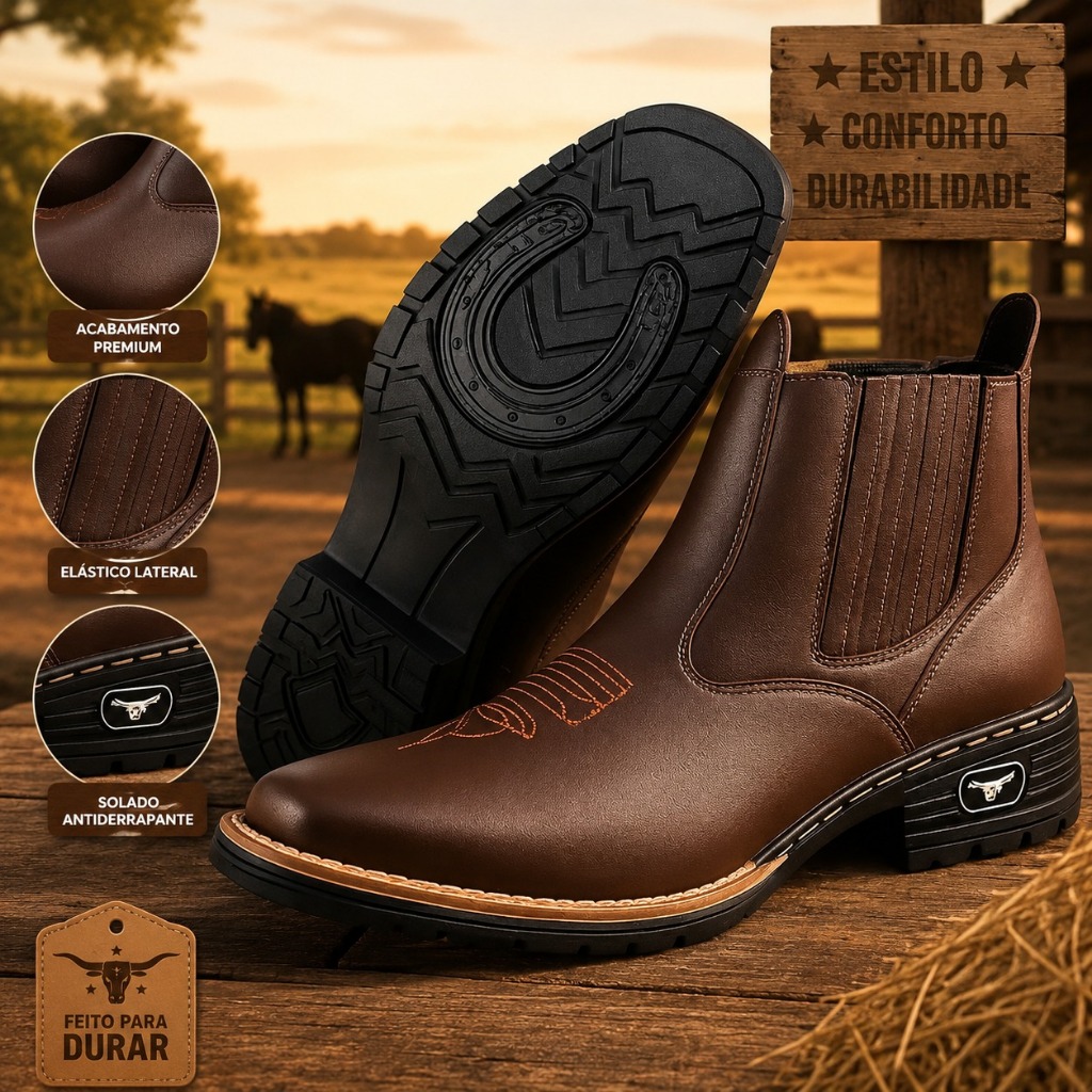 Botina Masculina Texana Country Bico Quadrado Couro Eco Bordada Rodeio Country
