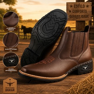 Botina Masculina Texana Country Bico Quadrado Couro Eco Bordada Rodeio Country