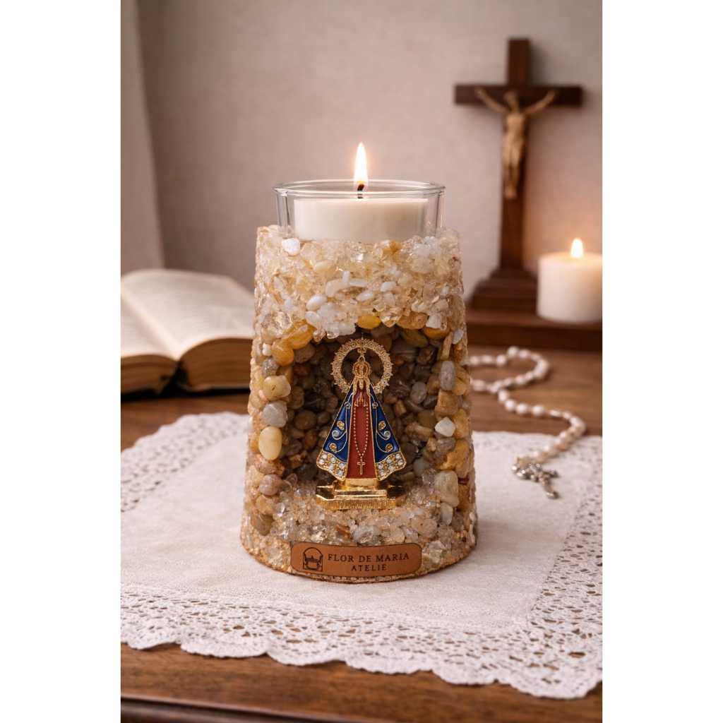 Vela Oratório Gruta Castiçal Nossa Senhora Aparecida + Porta Vela + 2 Refis Perfumada Cera Vegetal