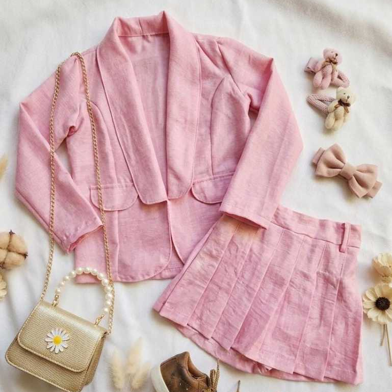 CONJUNTO DUNA LINHO SHORT SAIA PLISSADO PREGAS  COLEGIAL BLAZER DE LINHO FINO  INFANTIL ESTILOSO BLOGUEIRINHA