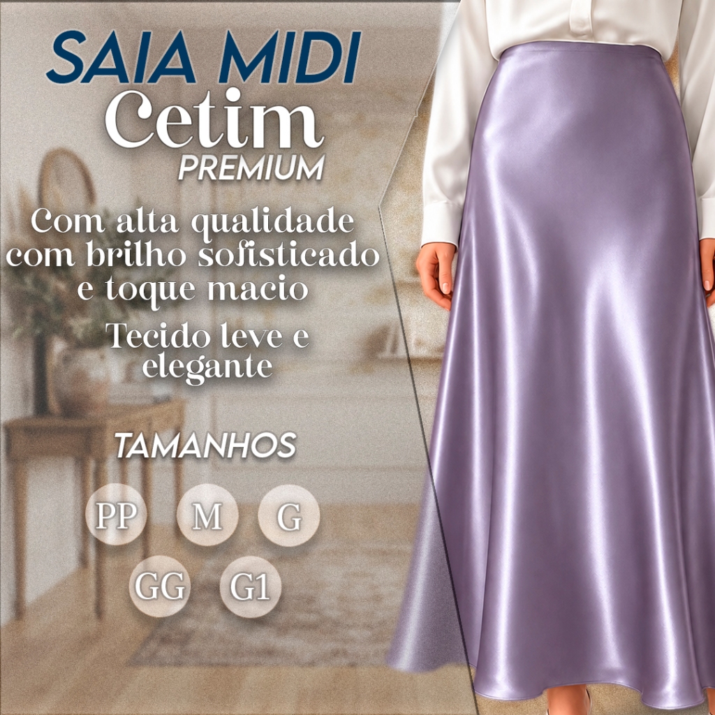 Saia Midi Cetim Lilás Cintura Alta com Ziper Elegante Toque Macio Moda Evangélica
