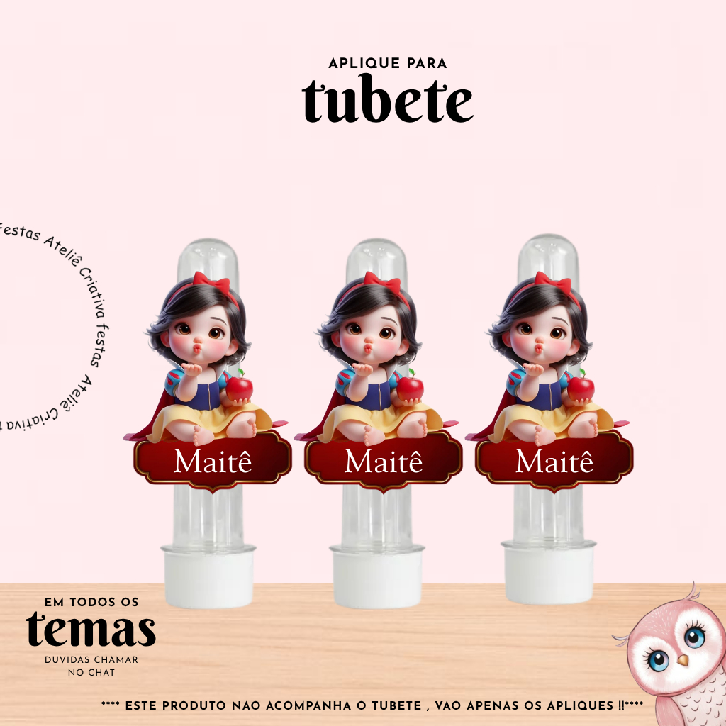 Aplique para Tubete Personalizado com nome Branca de Neve Lembrancinha Festa Infantil Aniversário Mimo TODOS OS TEMAS