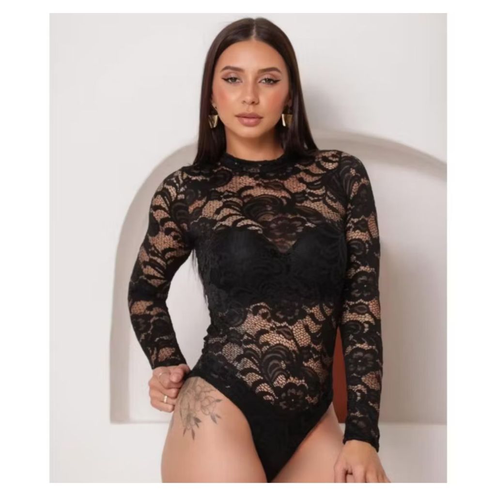 boddy de renda manga longa gola alta boddy elegante femenino desenho floral