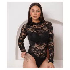 boddy de renda manga longa gola alta boddy elegante femenino desenho floral