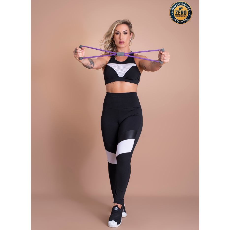 Conjunto Feminino Fitness Calça Legging Cintura Alta Detalhe Tiras E Top Tela Academia Treino ZERO TRANSPARÊNCIA