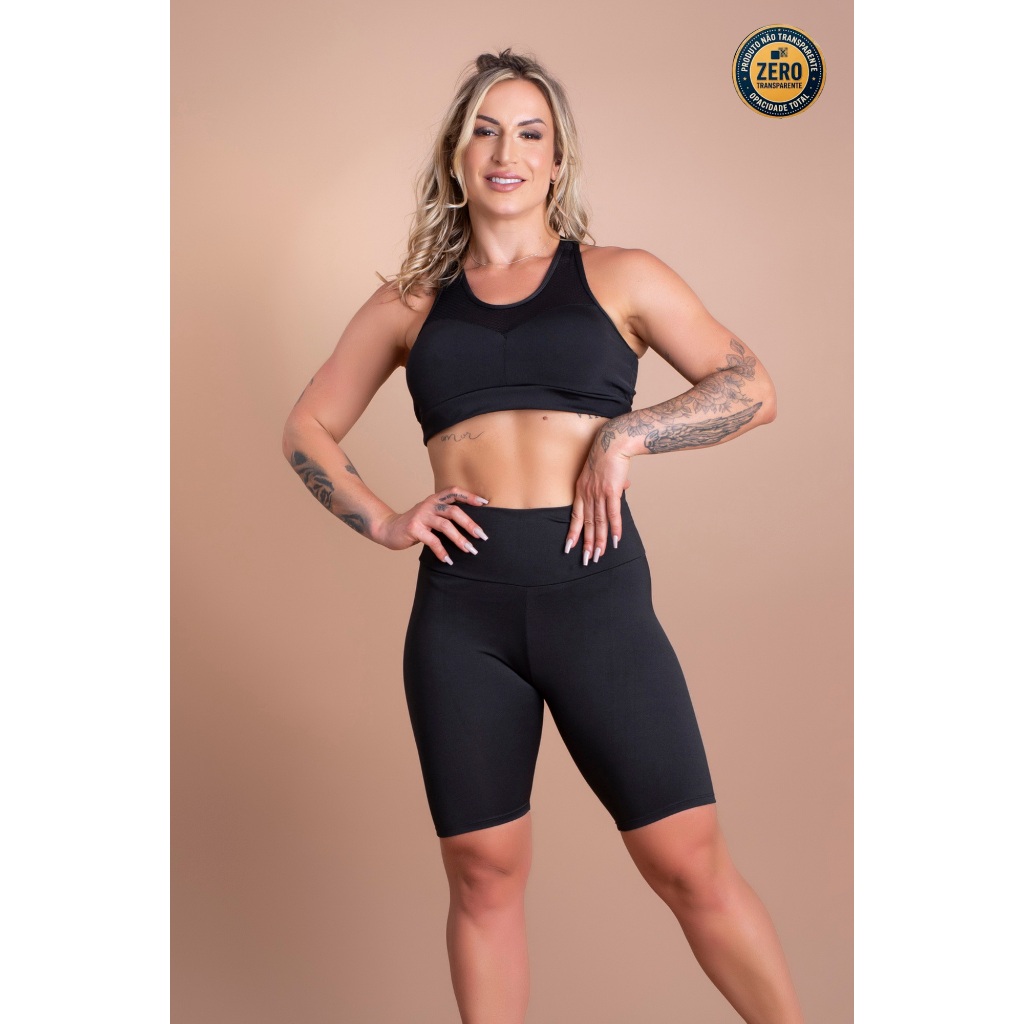 Conjunto Fitness Bermuda Lisa Ciclista Feminina E Top Tela Academia Malhar ZERO TRANSPARÊNCIA