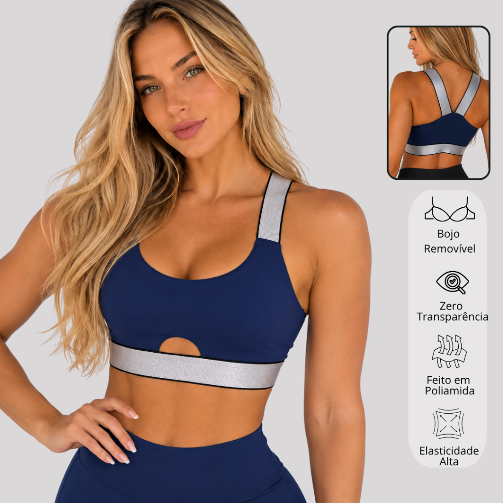Top Fitness Feminino POLIAMIDA Bojo Removível Tecido UV Elástico Prata Conforto Academia Treino