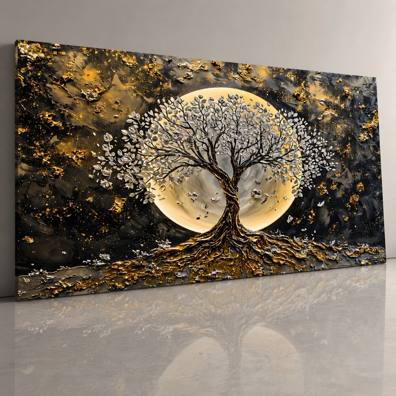 Quadro Decorativo 110X70 Full HD Lua Dourada Árvore Branca Paisagem Luxo Sala Quarto
