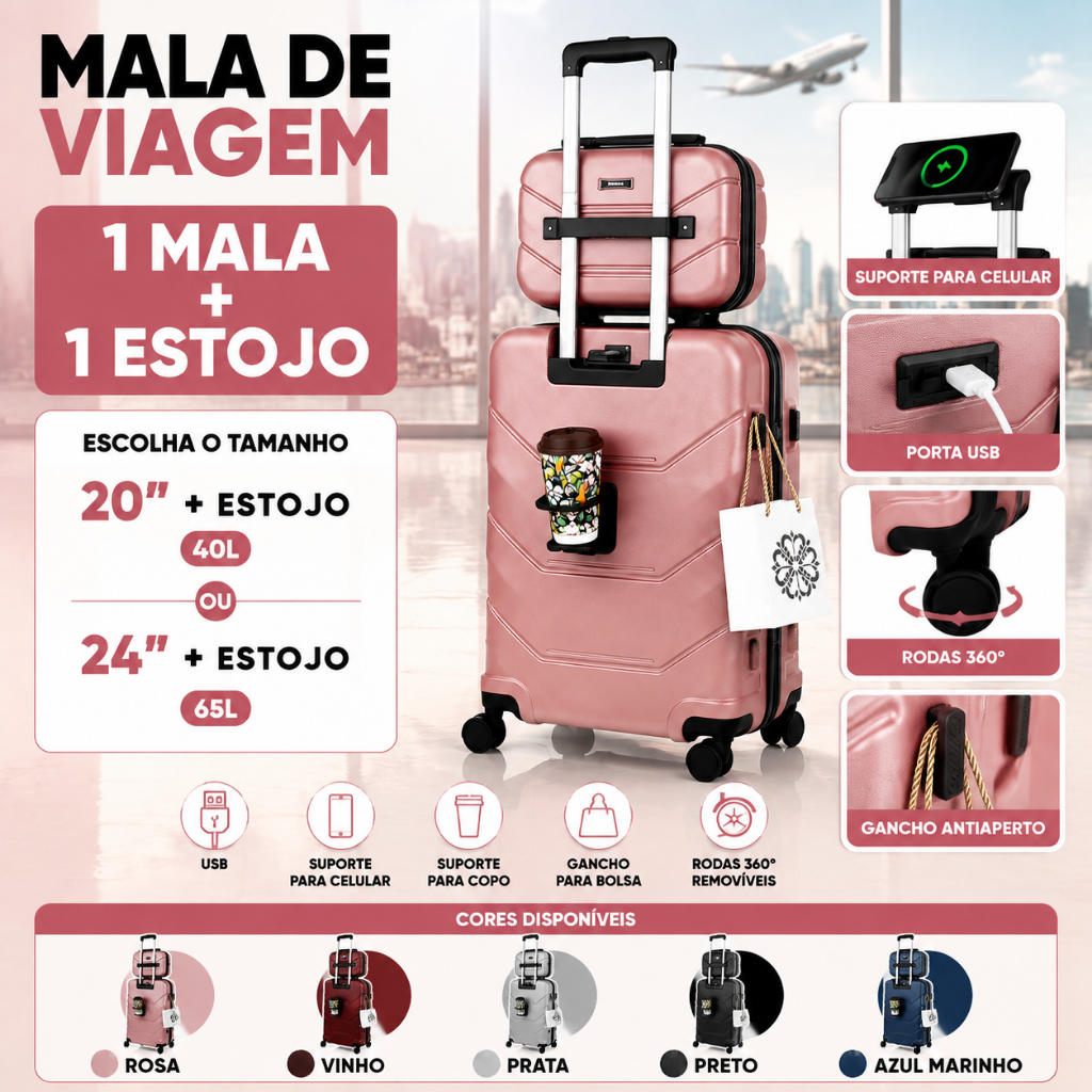 Mala de Viagem ABS 20" ou 24" com Frasqueira Rígida Rodas 360° Removíveis USB Suporte Celular Porta Copo