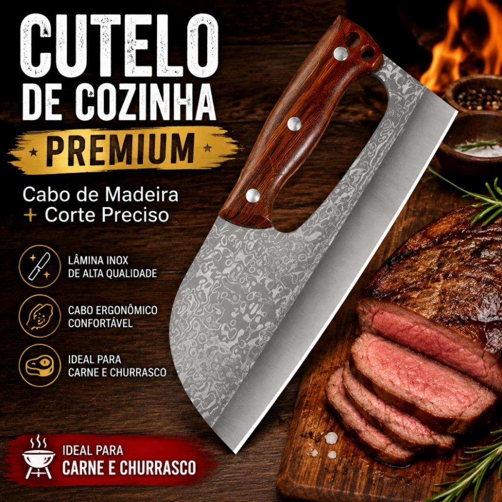 Cutelo de Cozinha Inox Cabo de Madeira para Carne e Churrasco Faca do Chef Profissional