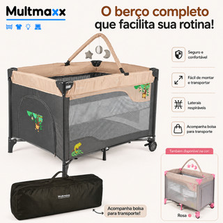 Berço Portátil Infantil 2 Alturas Demontavel Cercadinho Com Rodinhas e Mobile Cercado Bercinho