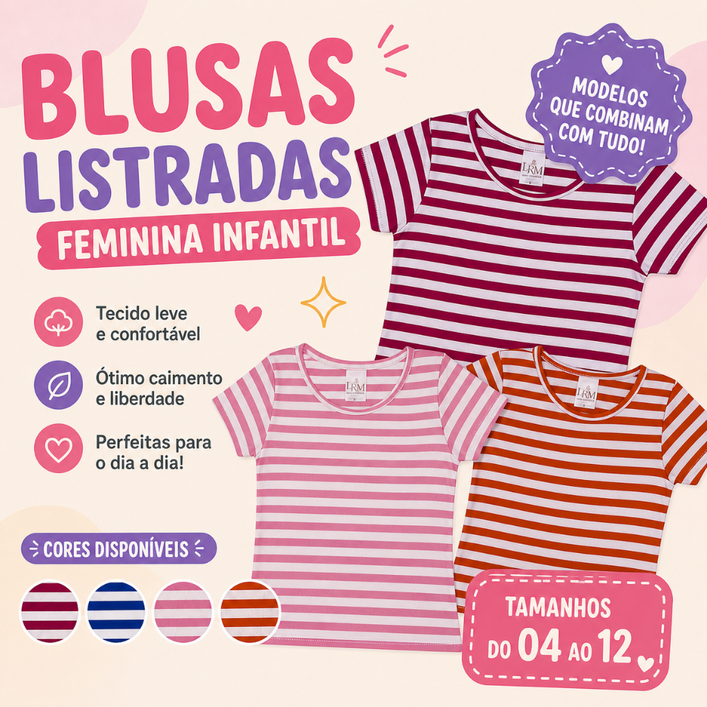 Blusa Infantil Feminina Canelada Listrada Manga Curta Verão Menina 4 ao 12 Anos