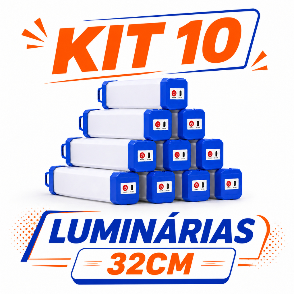 Kit 10 Lâmpadas LED de Emergência Recarregáveis USB Magnéticas 32cm 40W com Gancho para Casa Oficina Trilhas e Aventuras