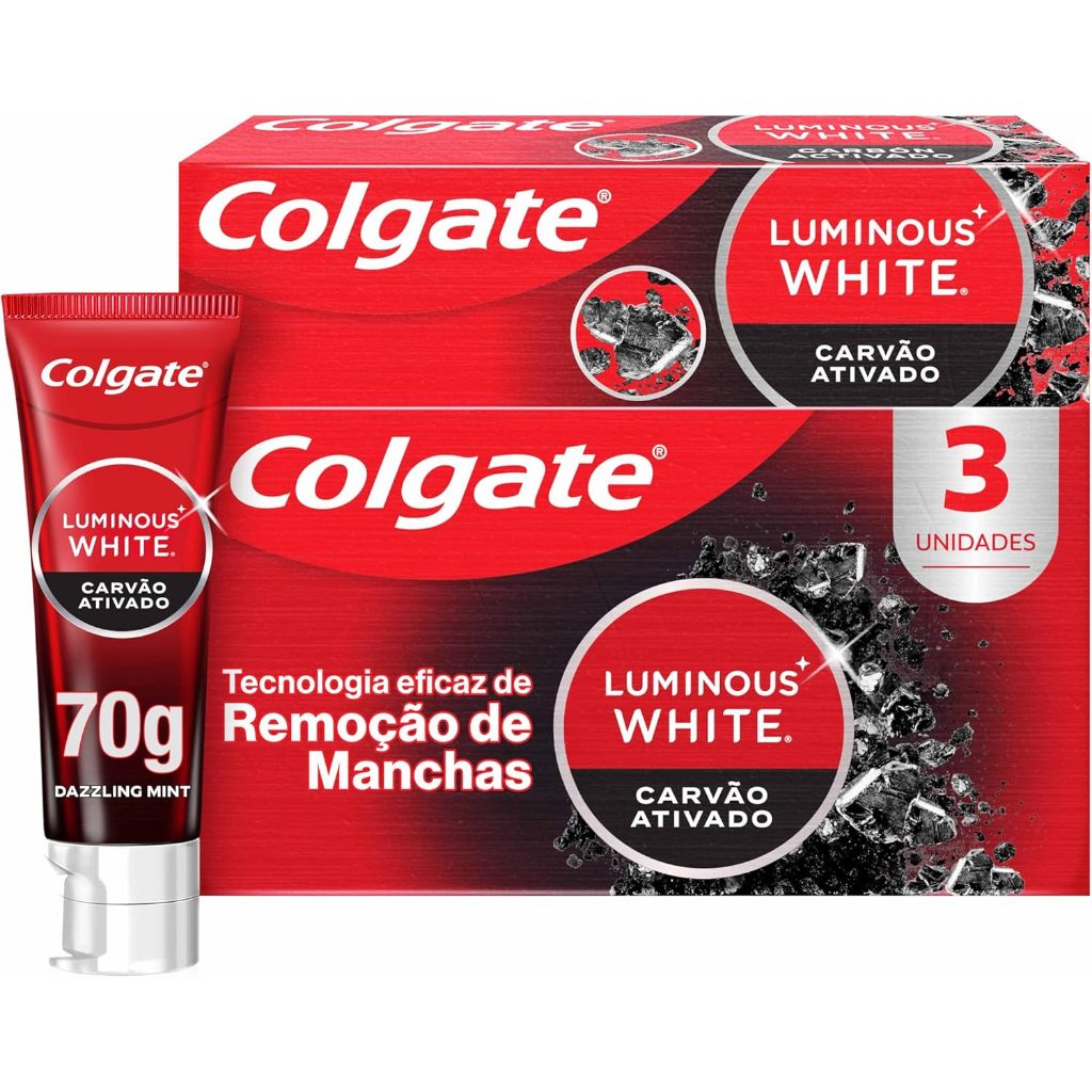 Colgate Luminous White Carvão Ativado Creme Dental Clareador 70g 3Un