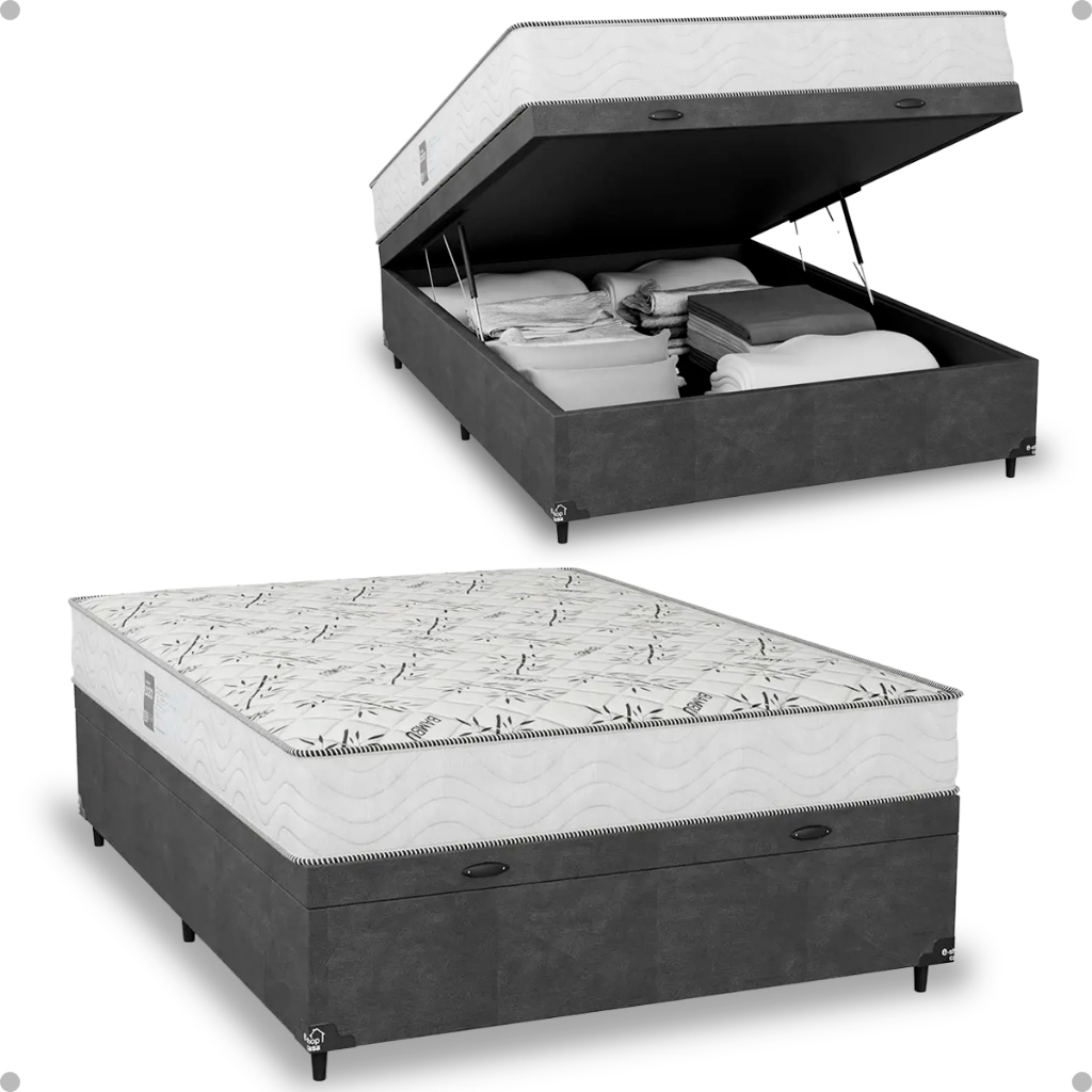 Baú Viúva Suede Cinza + Colchão D33 One Face Branco- e-Shop Casa